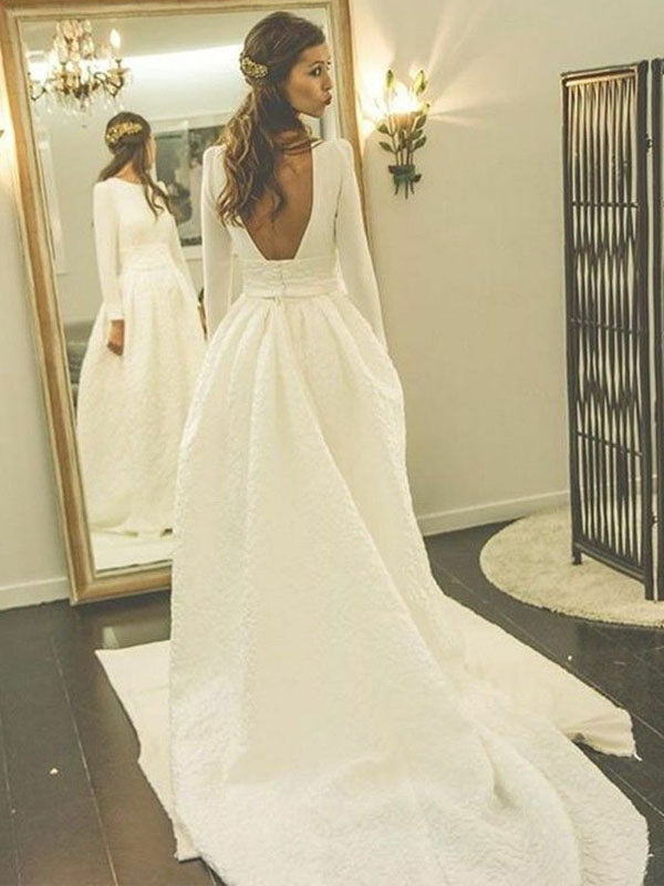long sleeve open back wedding dress